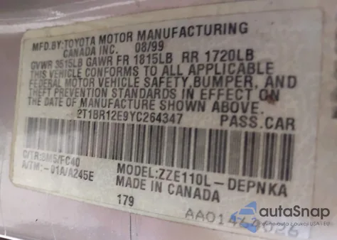 2000 Toyota Corolla Le from USA, damaged, VIN 2T1BR12E9YC264347